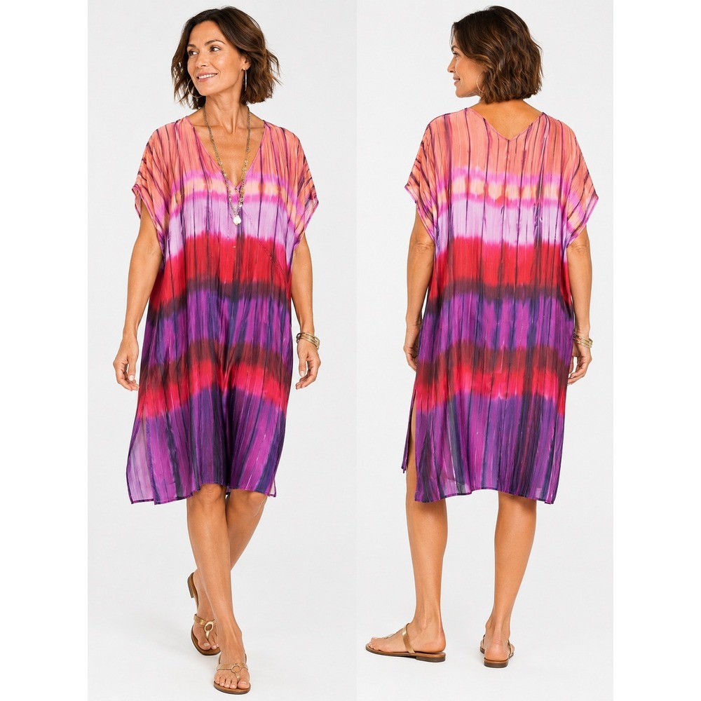 Chicos Gottex V-Neck Dress Pink Purple Stripe Cover Up Pockets Resort Vacation
